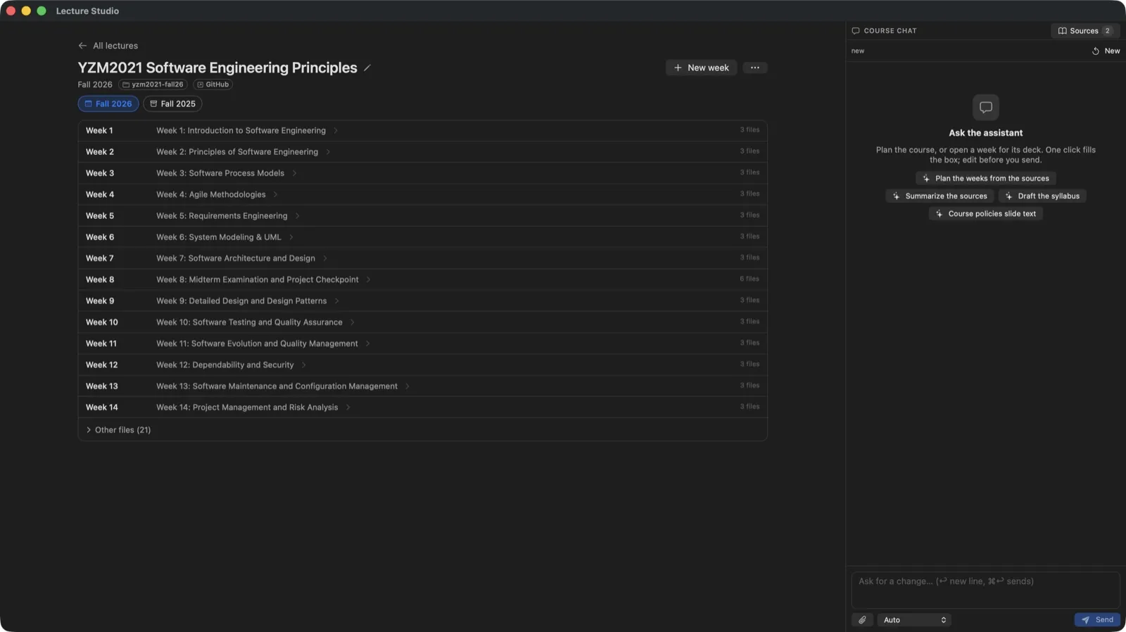 A course screen: fourteen weeks with their deck titles, a term switcher and the course chat with its sources
