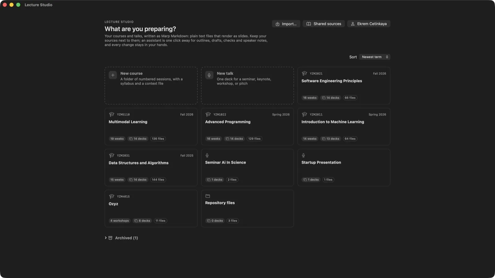 The library: every course and talk in the folder, with terms, decks and file counts