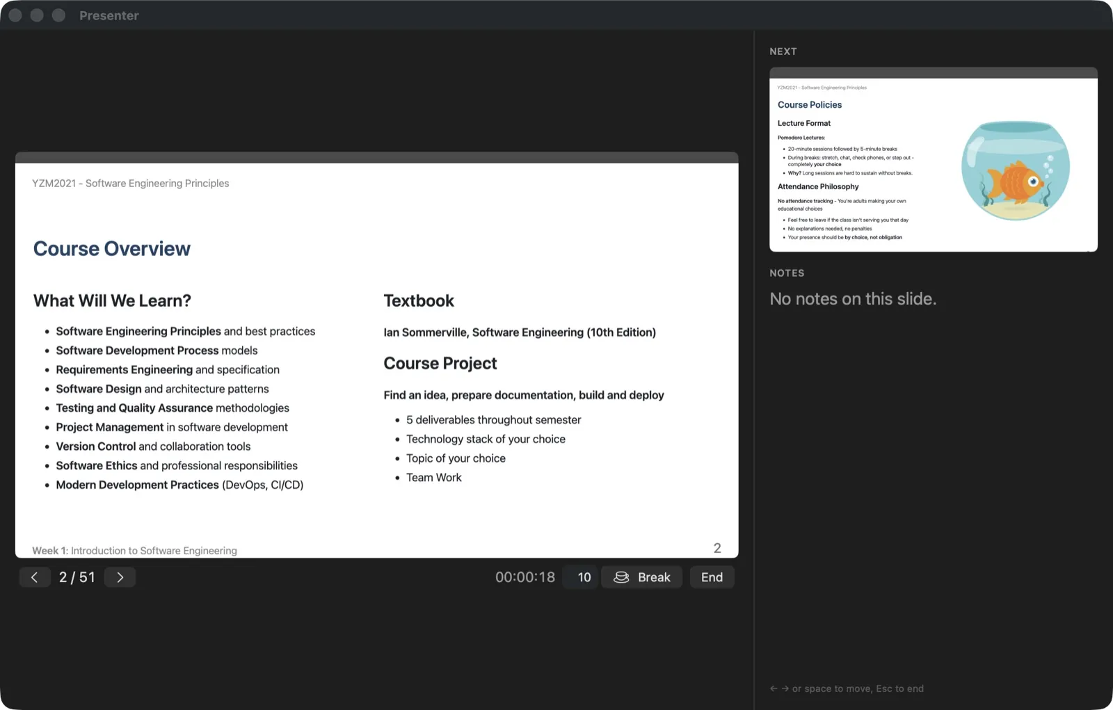 Presenter mode: the current slide, the next slide, speaker notes, a timer and a break countdown