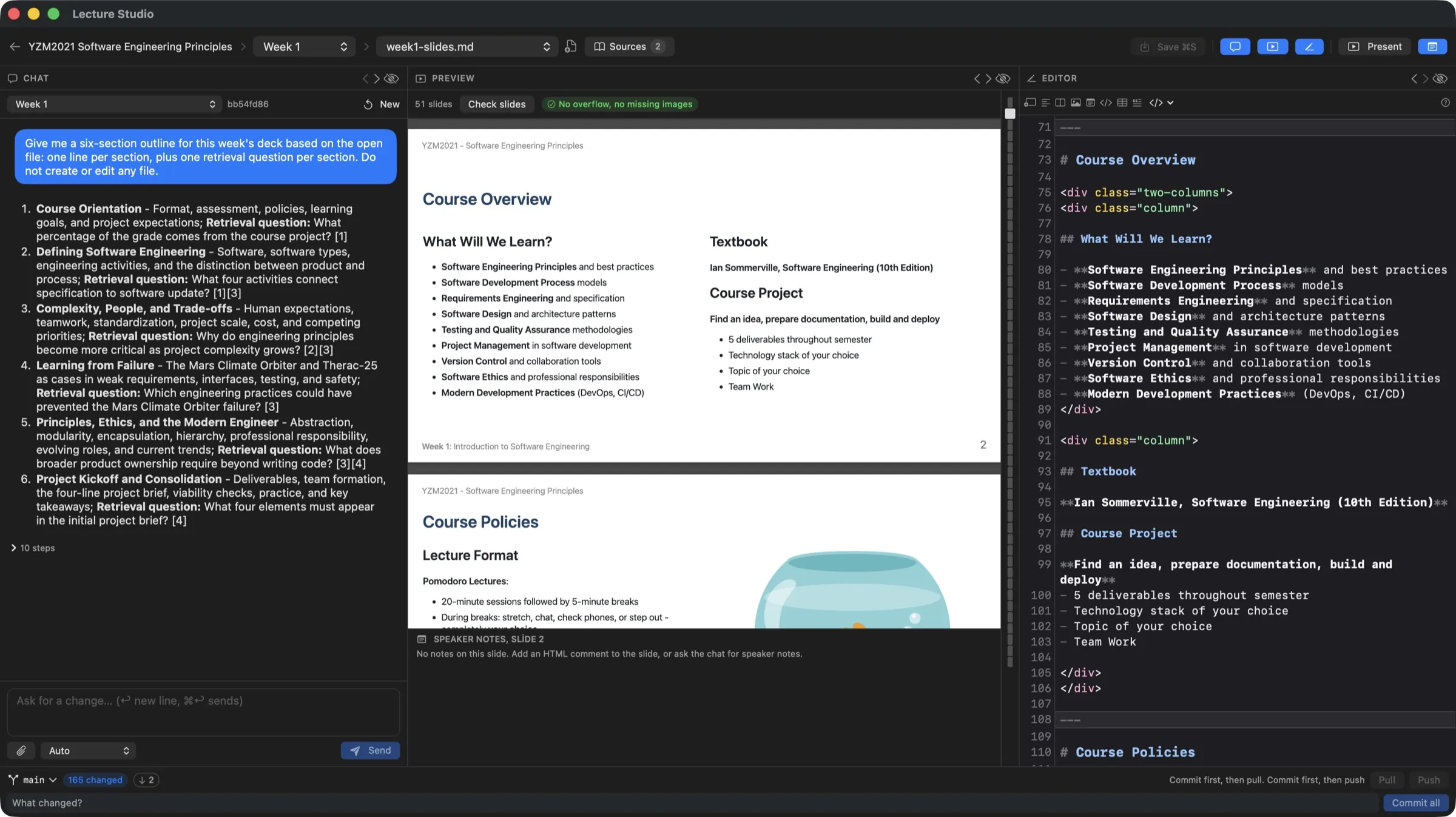 The Lecture Studio workspace on a real course: the assistant's outline for week 1 in the chat, the rendered slides in the preview and the Marp Markdown in the editor