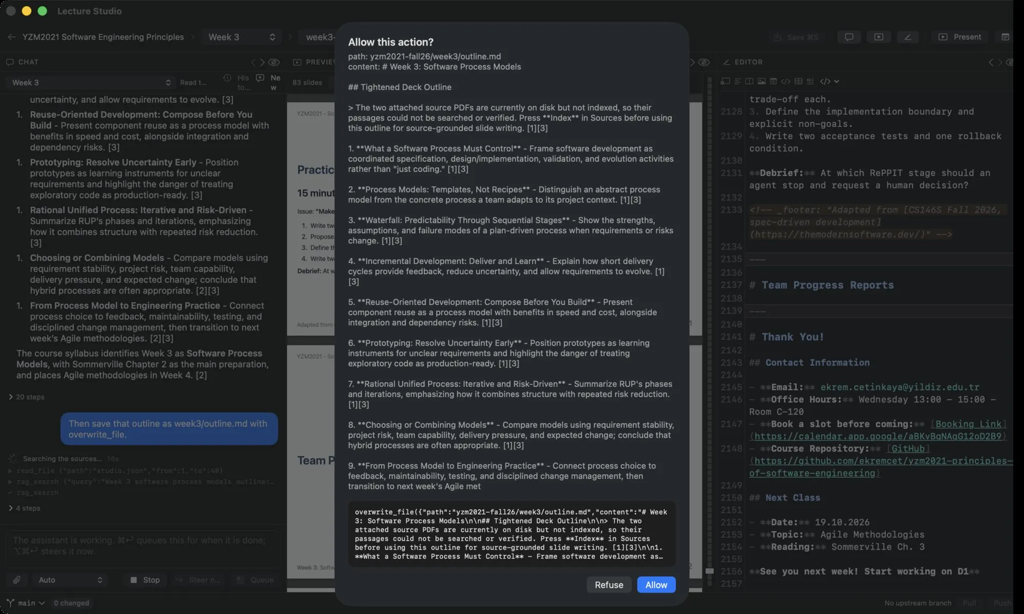 The Allow this action? sheet: the path, the full content to be written, the tool call, and the Refuse and Allow buttons