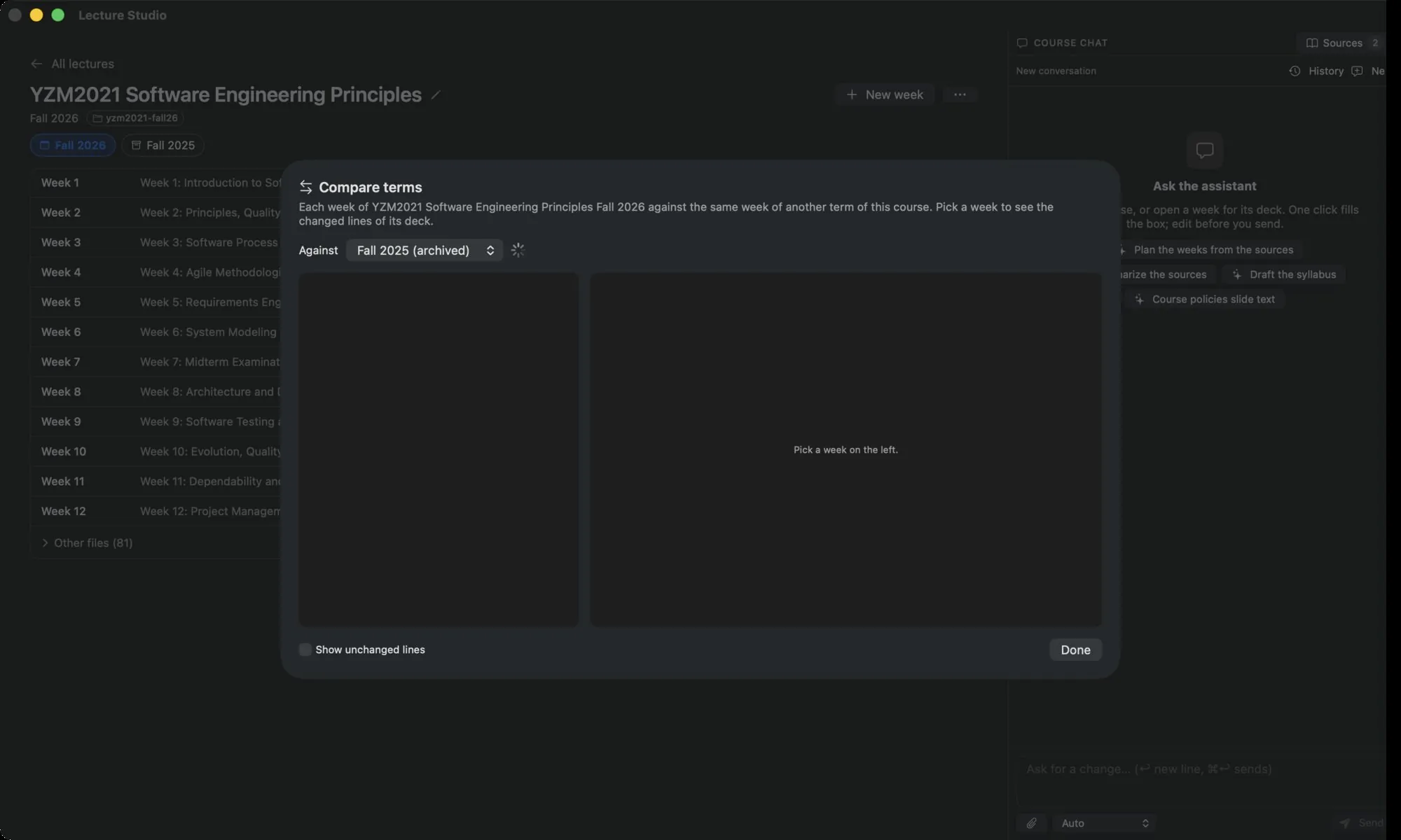 The Compare terms dialog: the Against picker, the unit list on the left, the line diff on the right
