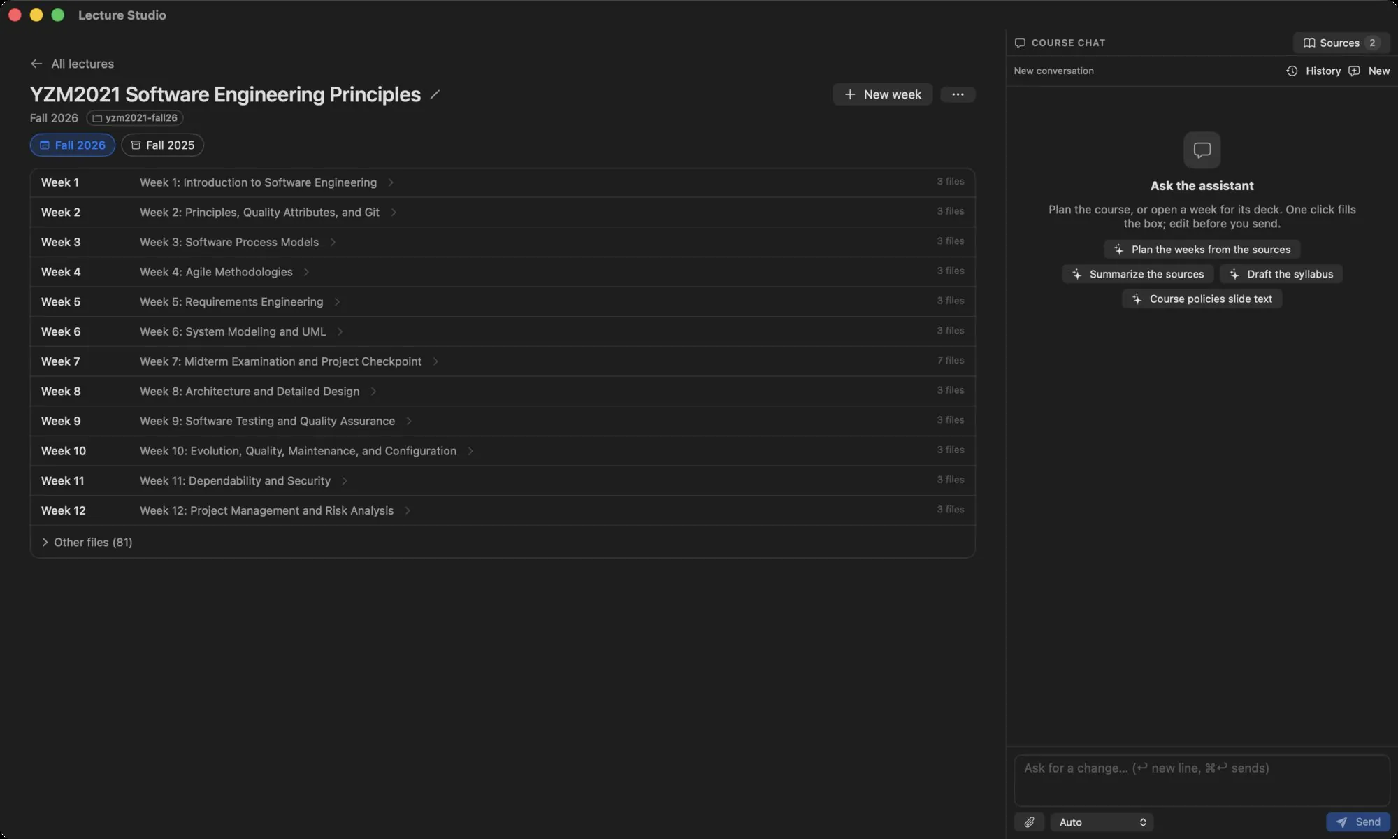 The course screen: the course title with a pencil, term chips, a Syllabus row, twelve week rows with deck titles, an Other files group, and the course chat