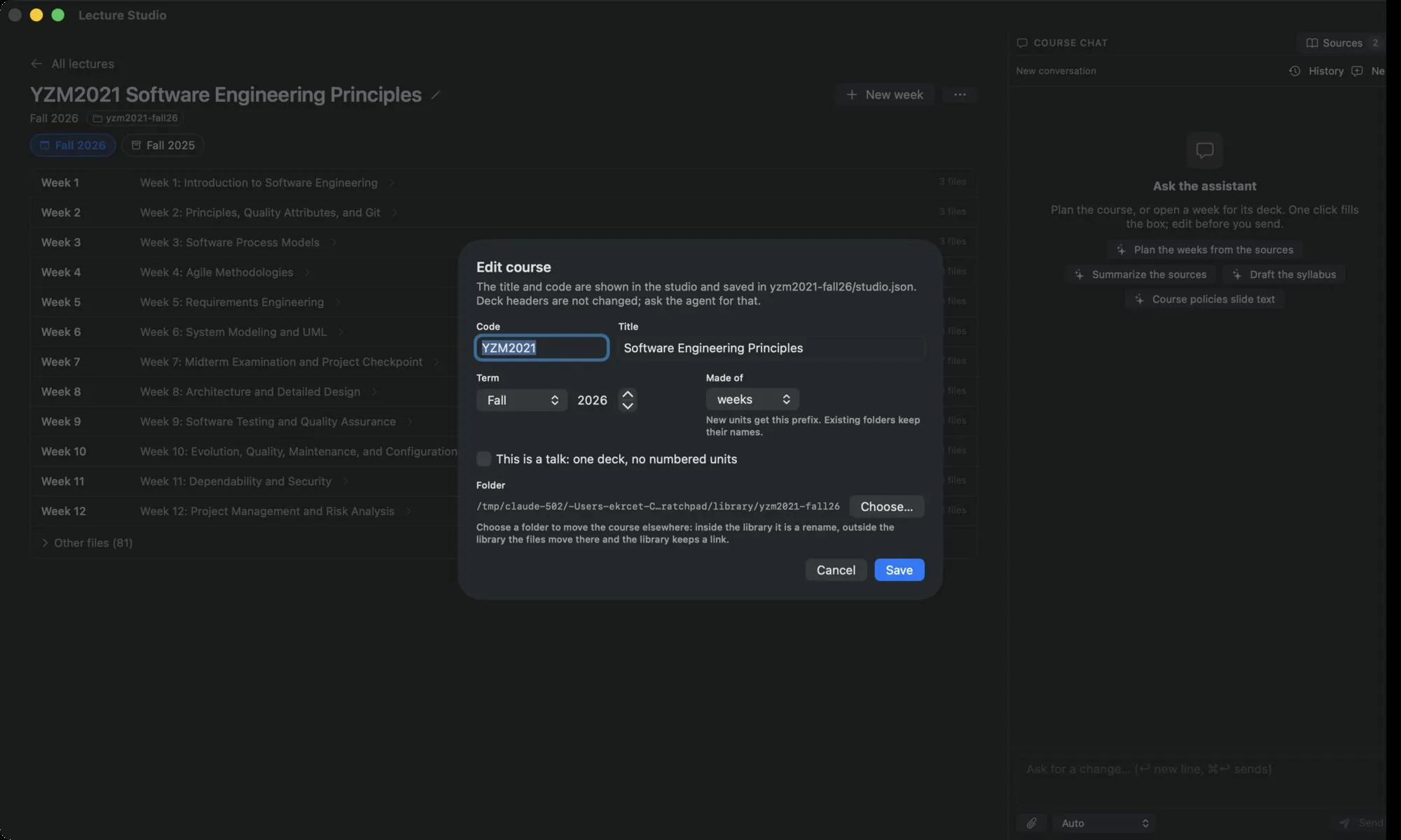 The Edit course dialog: Code, Title, Term, Made of, the talk toggle, and the Folder row with Choose… and Keep