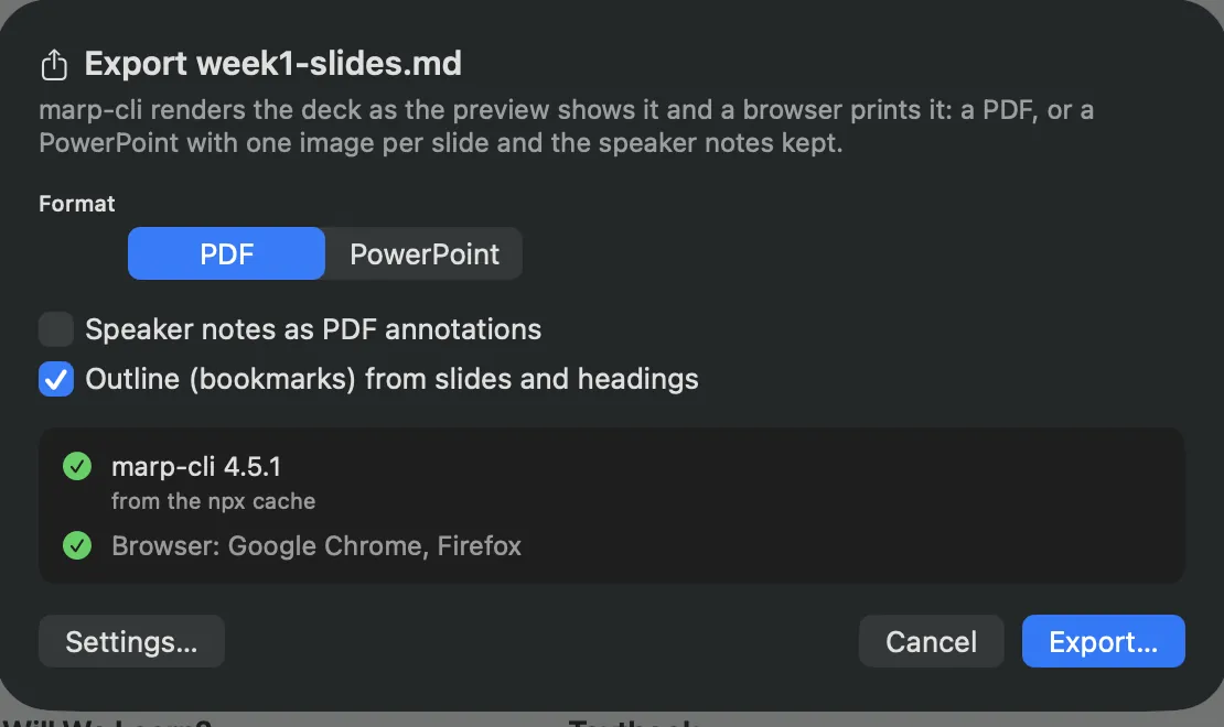 The export sheet: Format PDF or PowerPoint, the PDF options, the marp-cli and browser lines, Settings…, Cancel and Export…
