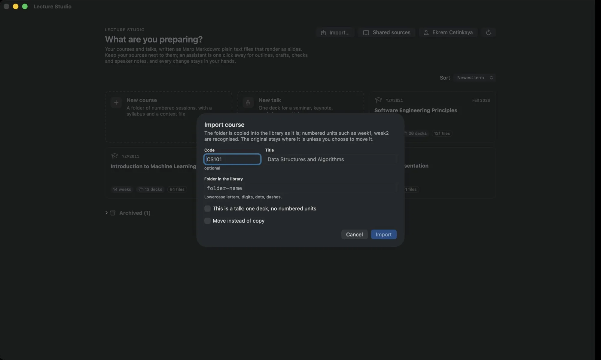 The Import course dialog: Code, Title, Folder in the library, the talk toggle, and Move instead of copy
