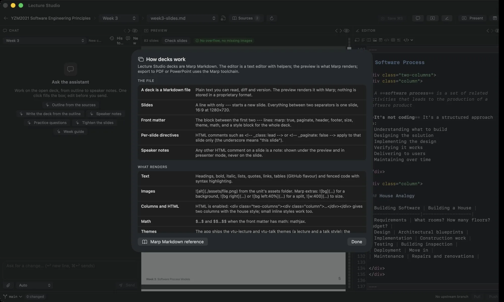 The How decks work sheet: two sections, The file and What renders, each a list of short rows
