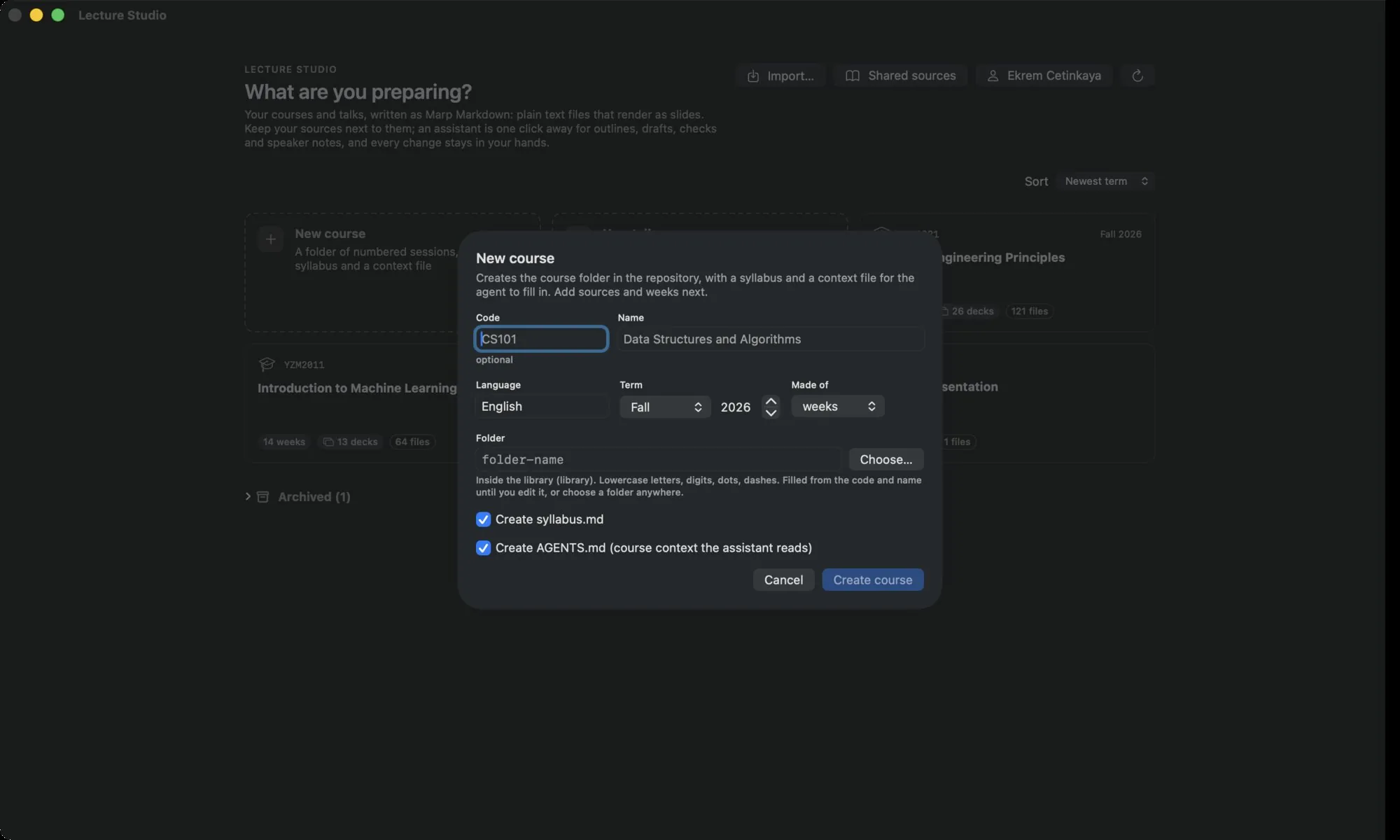 The New course dialog: Code, Name, Language, Term, Made of, Folder, and the two scaffold toggles