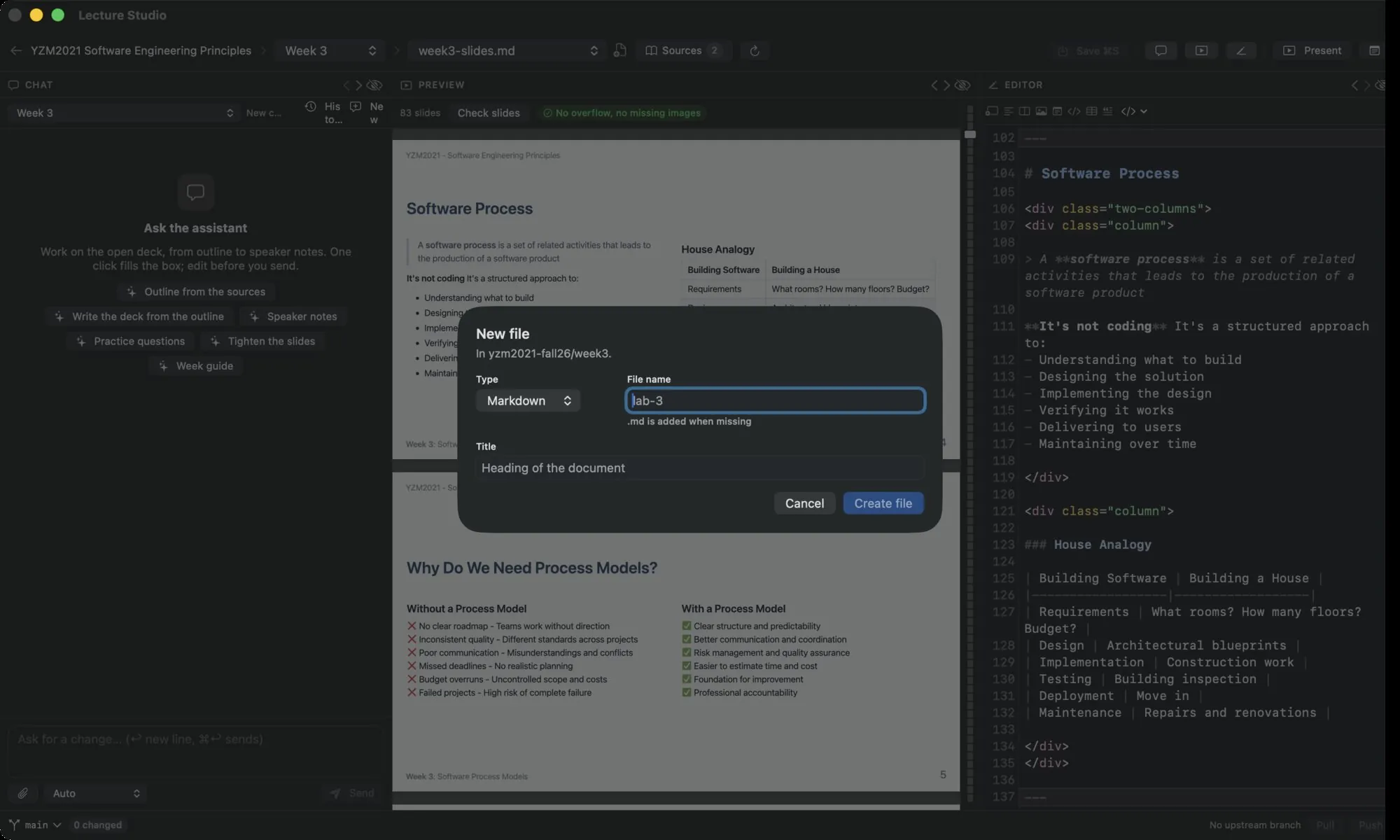 The New file dialog: Type, File name and Topic