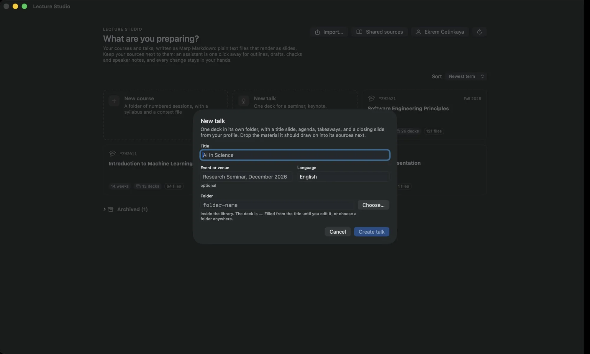 The New talk dialog: Title, Event or venue, Language and Folder