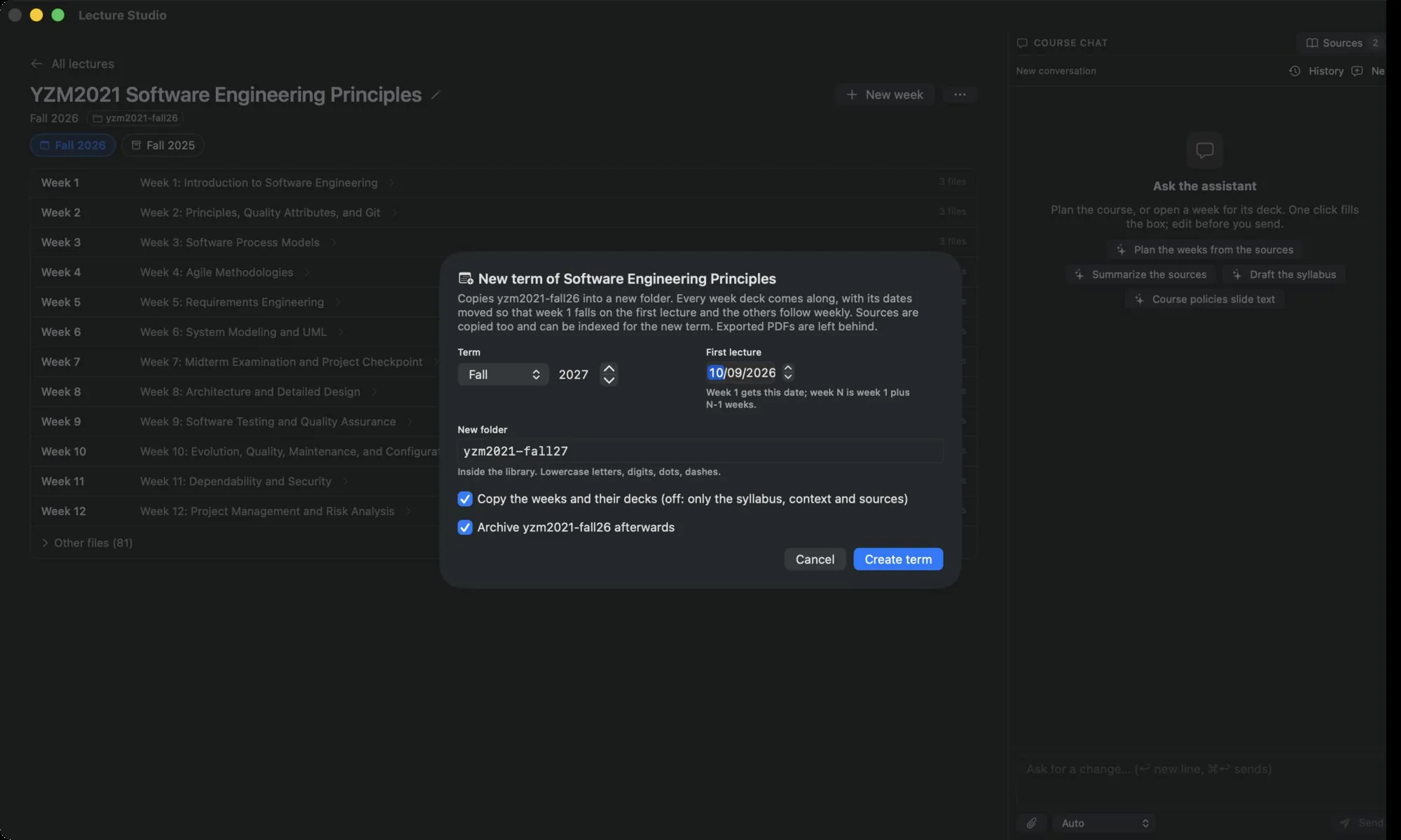 The New term dialog: Term, First lecture, New folder, and the toggles Copy the weeks and their decks and Archive afterwards