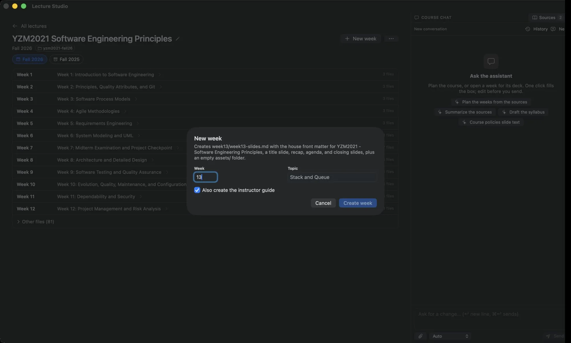 The New week dialog: the week number, the topic, and the instructor guide toggle