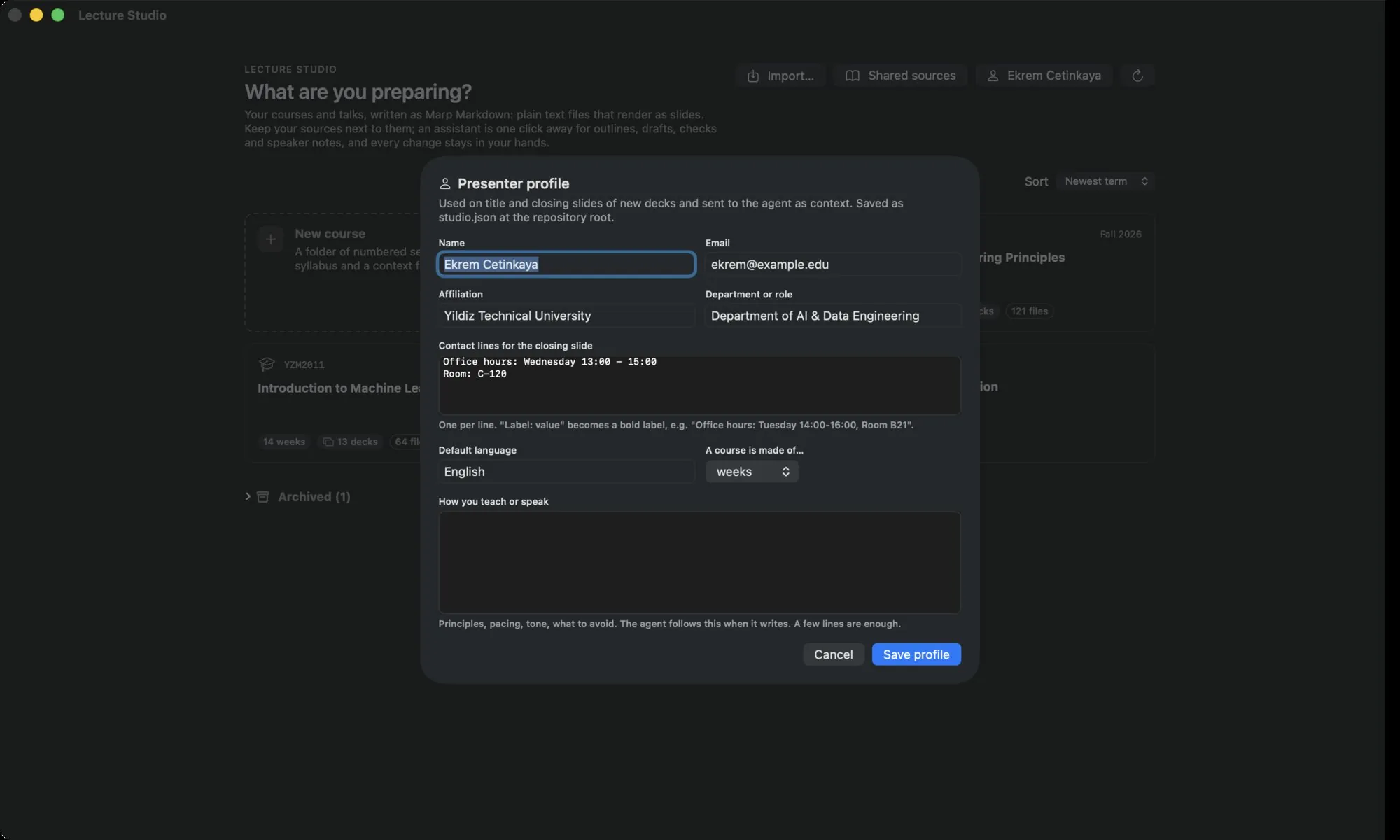 The Presenter profile dialog: Name, Email, Affiliation, Department or role, Contact lines, Default language, A course is made of, and How you teach or speak