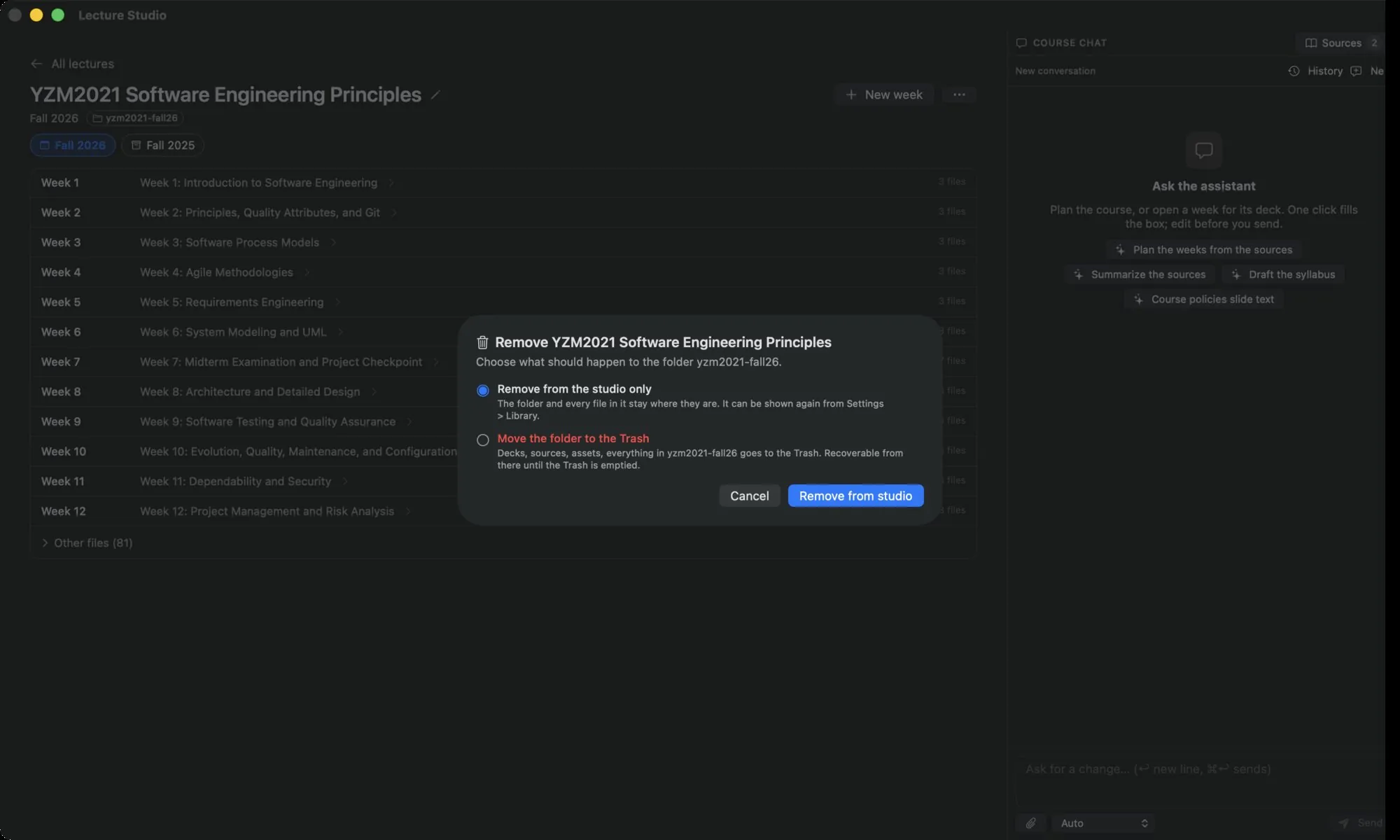 The Remove dialog: Remove from the studio only, or Move the folder to the Trash
