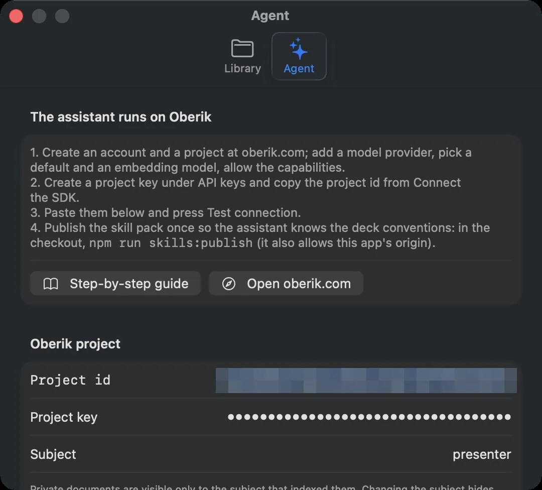 Settings, Agent tab: the four-step instructions, Step-by-step guide and Open oberik.com, and the Project id, Project key and Subject fields