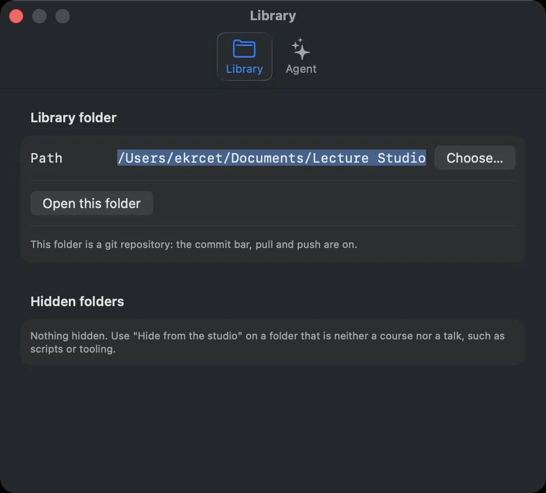 Settings, Library tab: the Path field with Choose…, Open this folder, the git note, and the Hidden folders section