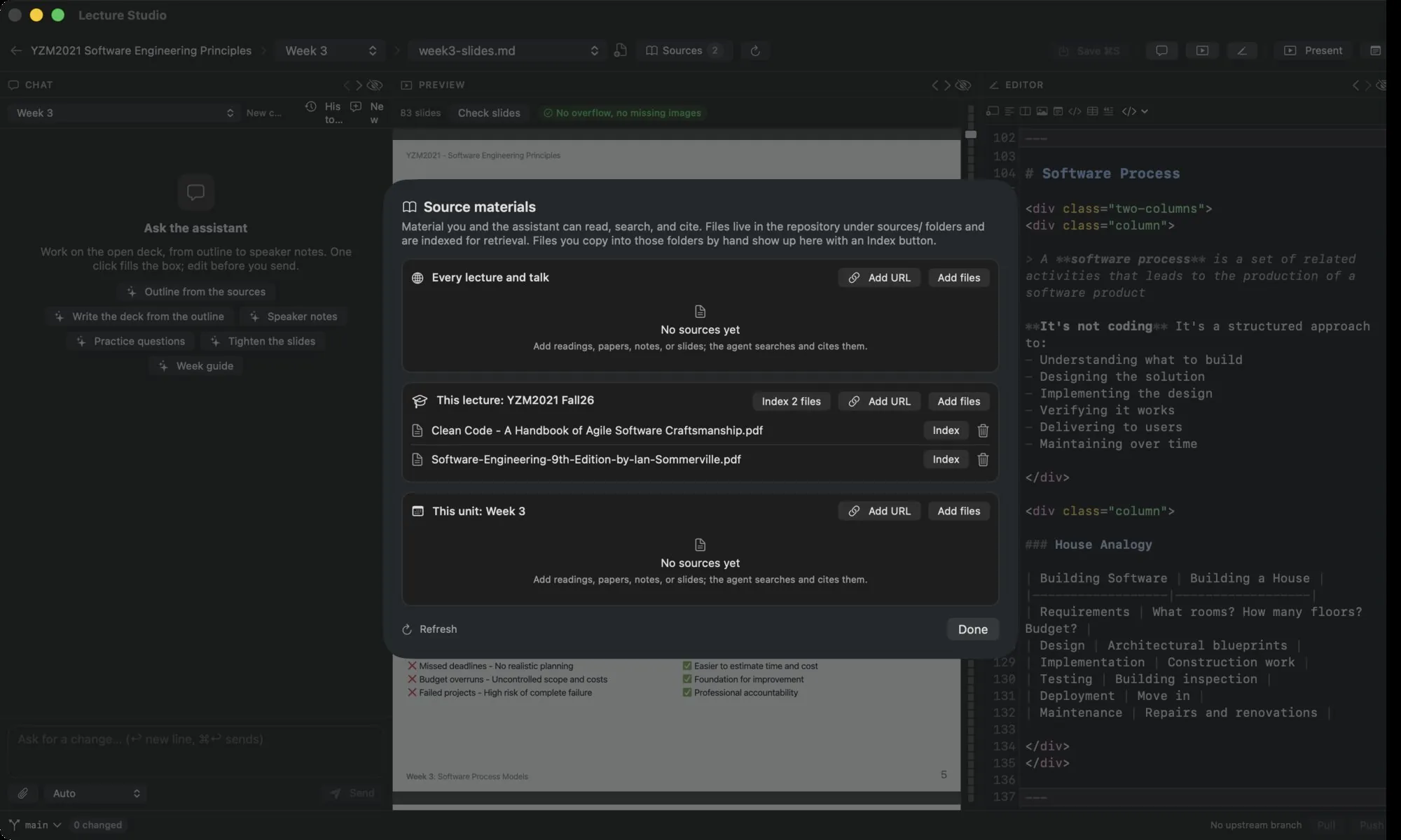 The Source materials dialog with its three sections: Every lecture and talk, This lecture, This unit, each with Add URL and Add files