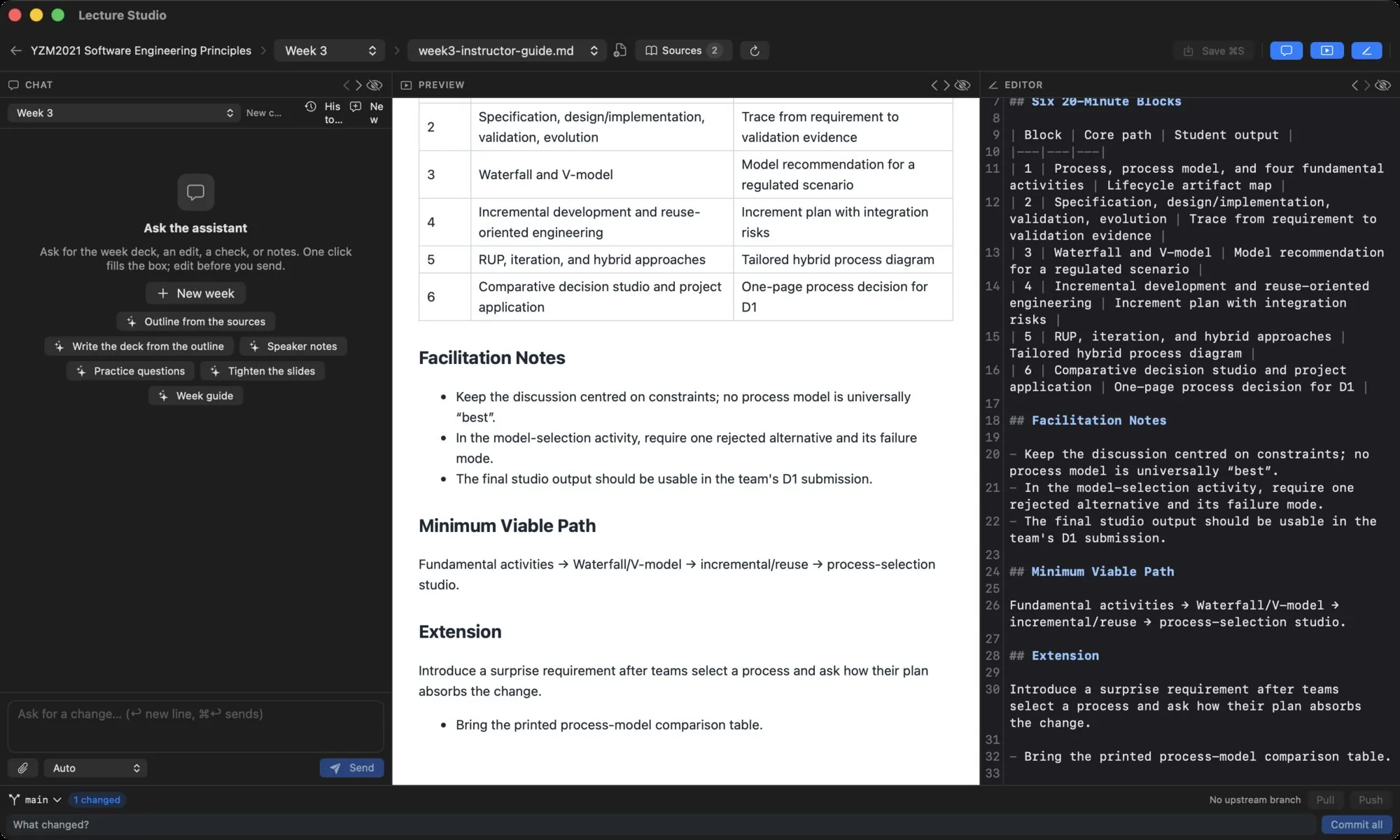 The workspace with a Markdown document open: the editor on the right, the rendered document in the preview