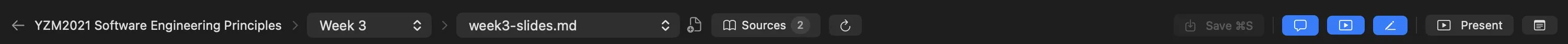 The header bar: back arrow, course name, unit picker, file picker, new file, Sources, refresh, Save, panel toggles, Present, Export, notes toggle