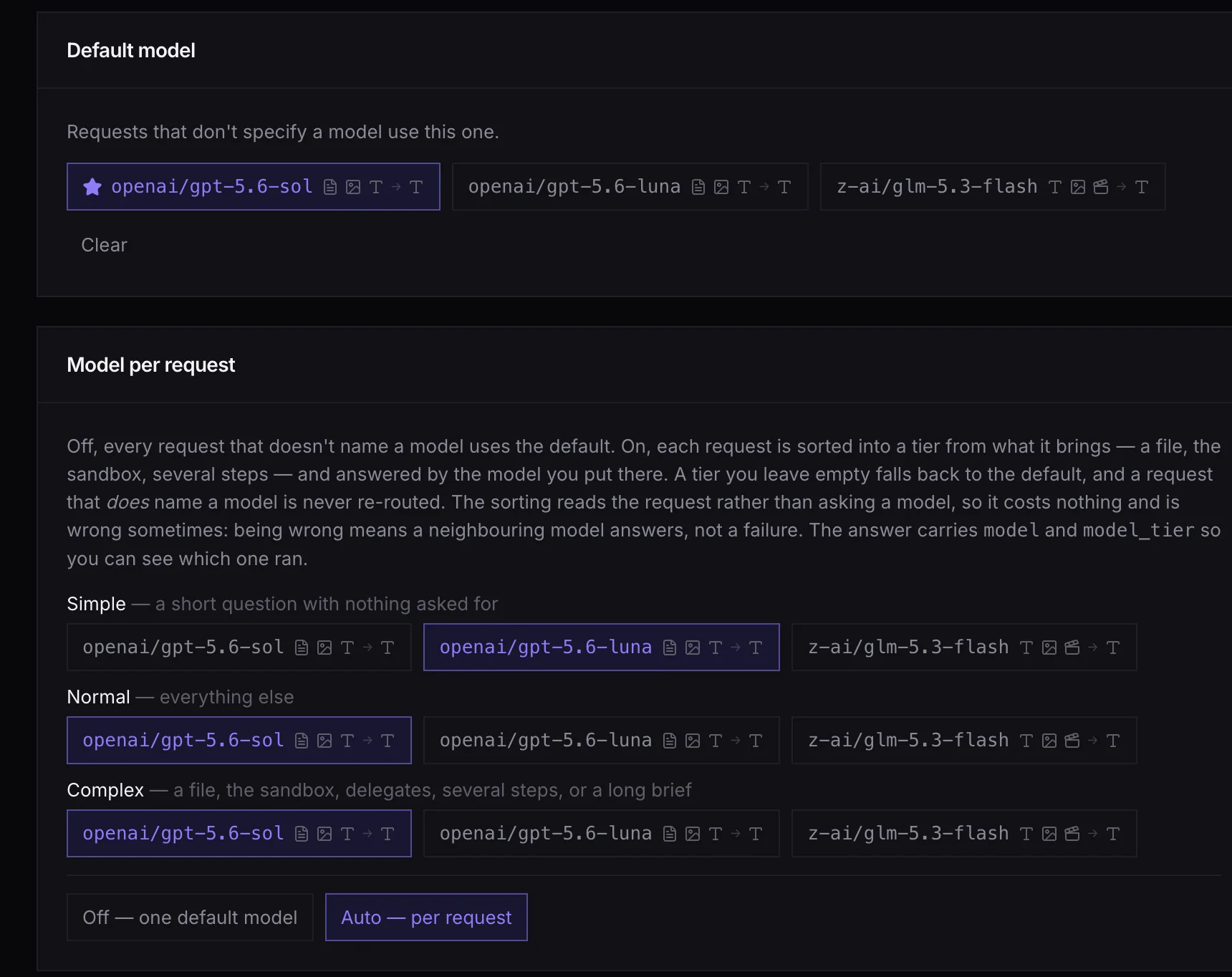 Default model and the optional per-request tiers.